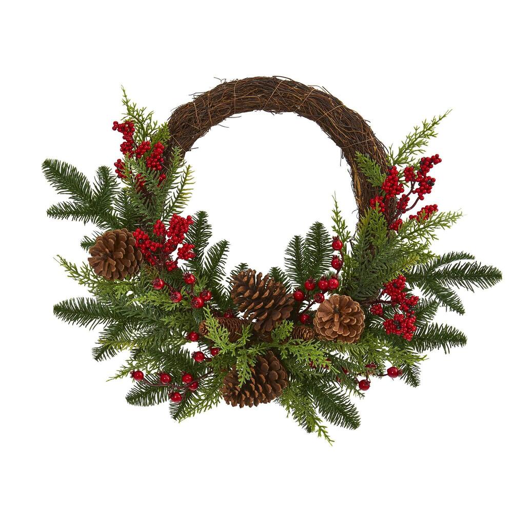 6628 22in. Mixed Cedar with Berries and Pine Cones Artificial Wreaths